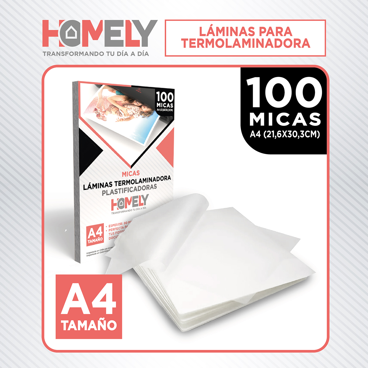 LÁMINAS PARA TERMOLAMINADO HOMELY A4 100 MICAS PLASTIFICADORAS 22X30 - 9