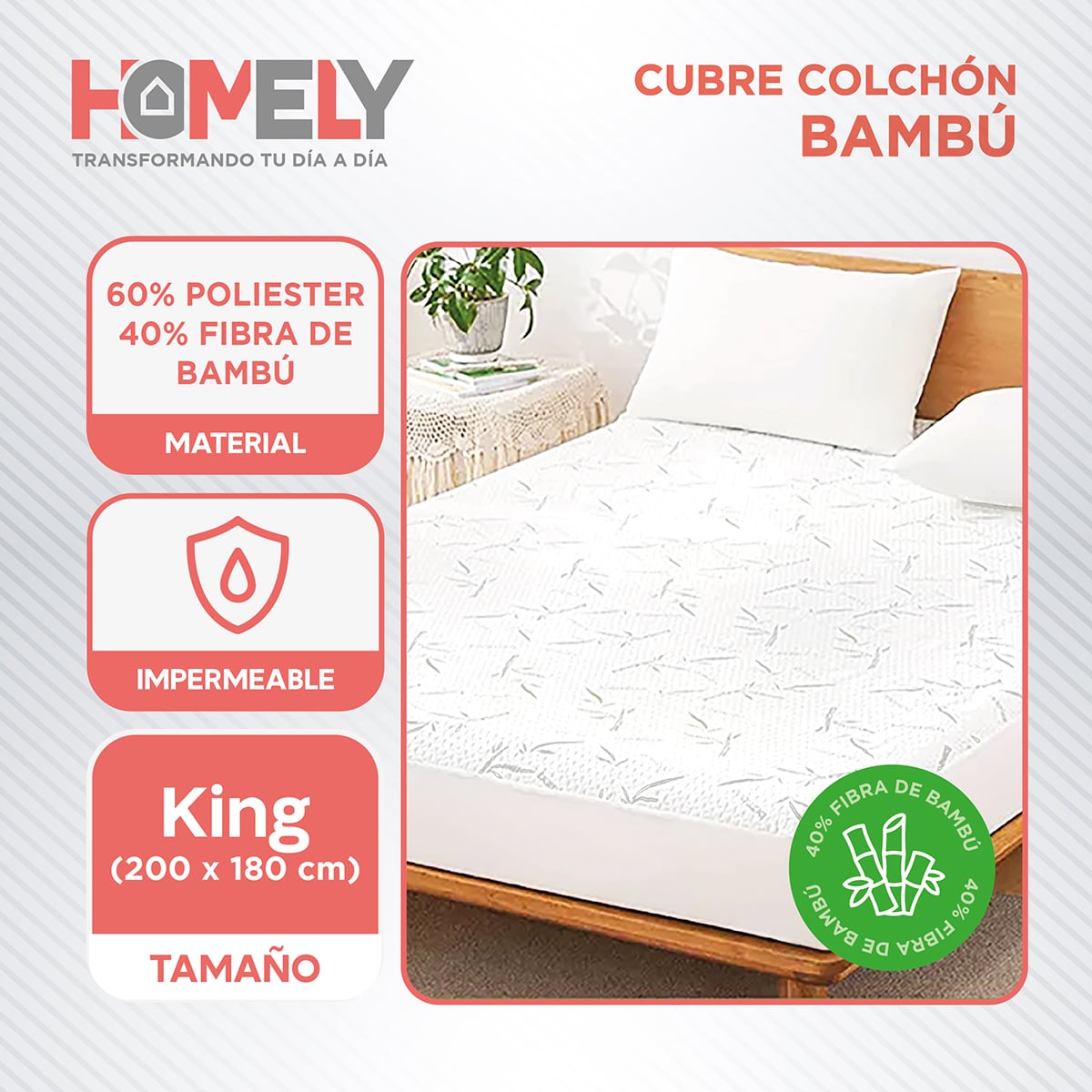 CUBRECOLCHÓN HOMELY BLANCO BAMBU COBERTOR IMPERMEABLE KING - 2