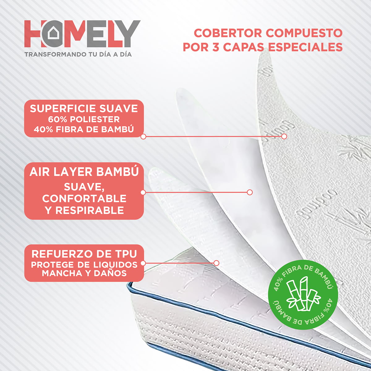 CUBRECOLCHÓN HOMELY BLANCO BAMBU COBERTOR IMPERMEABLE KING - 3