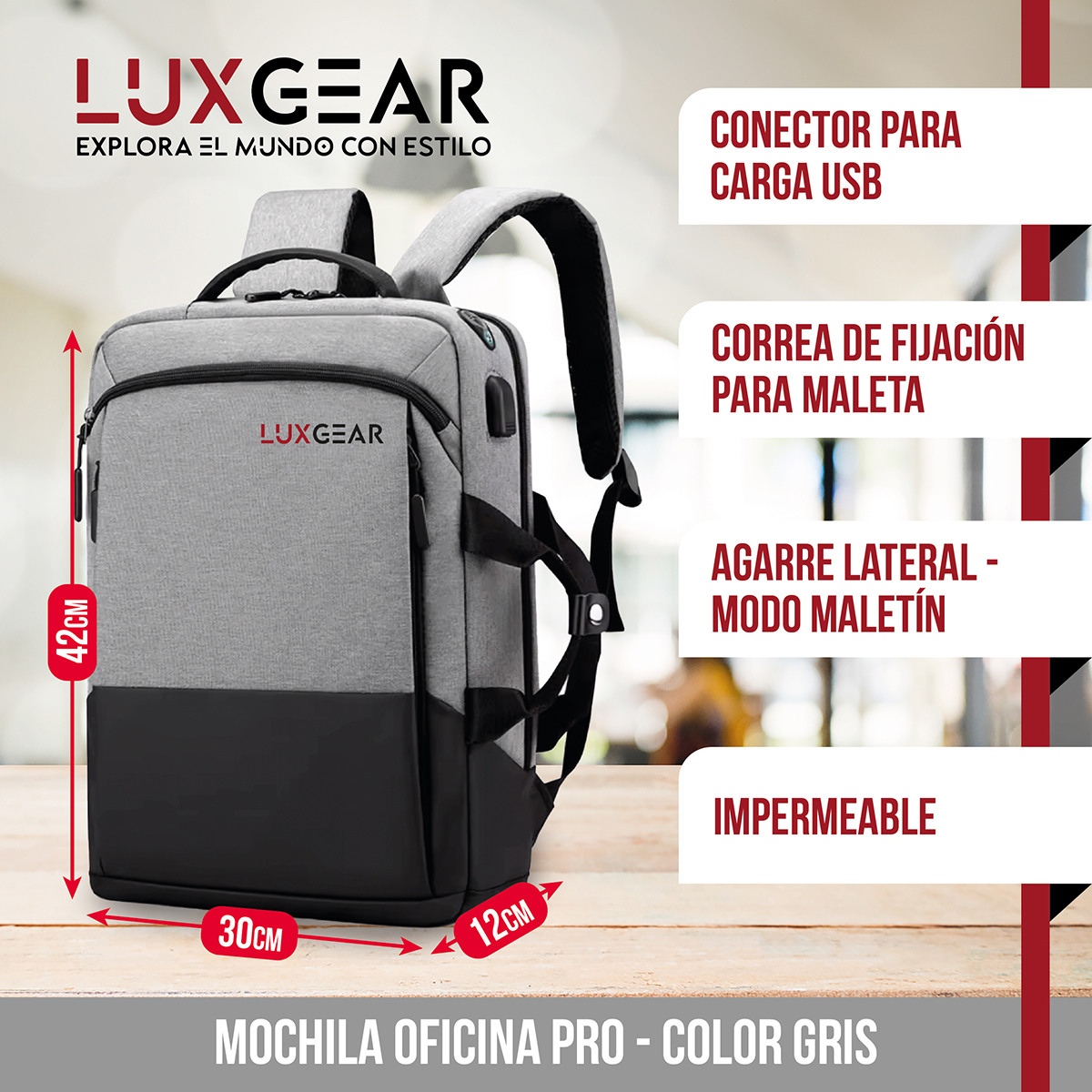 MOCHILA NOTEBOOK OFICINA LUXGEAR URBANTECH IMPERMEABLE - GRIS - 2