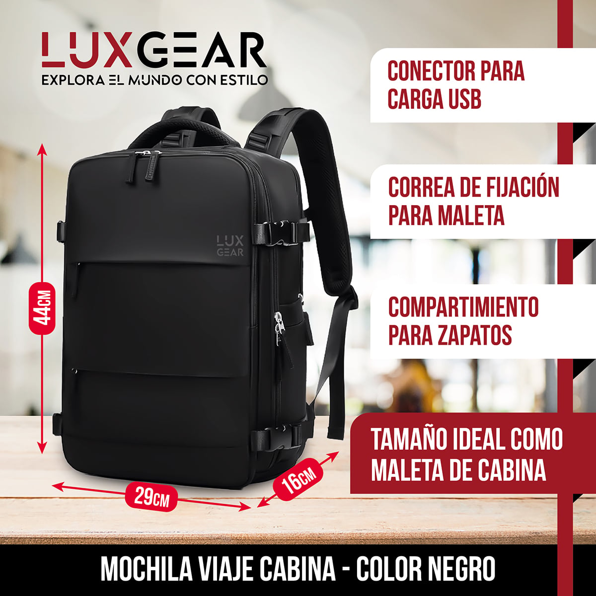 MOCHILA DE VIAJE LUXGEAR NOMADLIFE IMPERMEABLE CABINA - NEGRO - 2