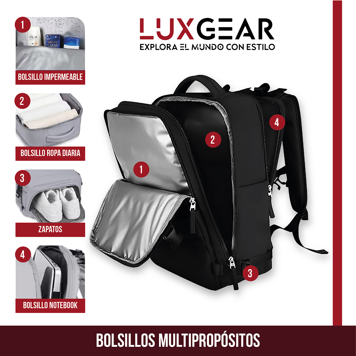 MOCHILA DE VIAJE LUXGEAR NOMADLIFE IMPERMEABLE CABINA - NEGRO - 3