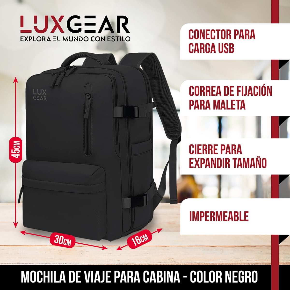 MOCHILA DE VIAJE EXPANSIBLE LUXGEAR NOMADLIFEV2 IMPERMEABLE - NEGRO - 2