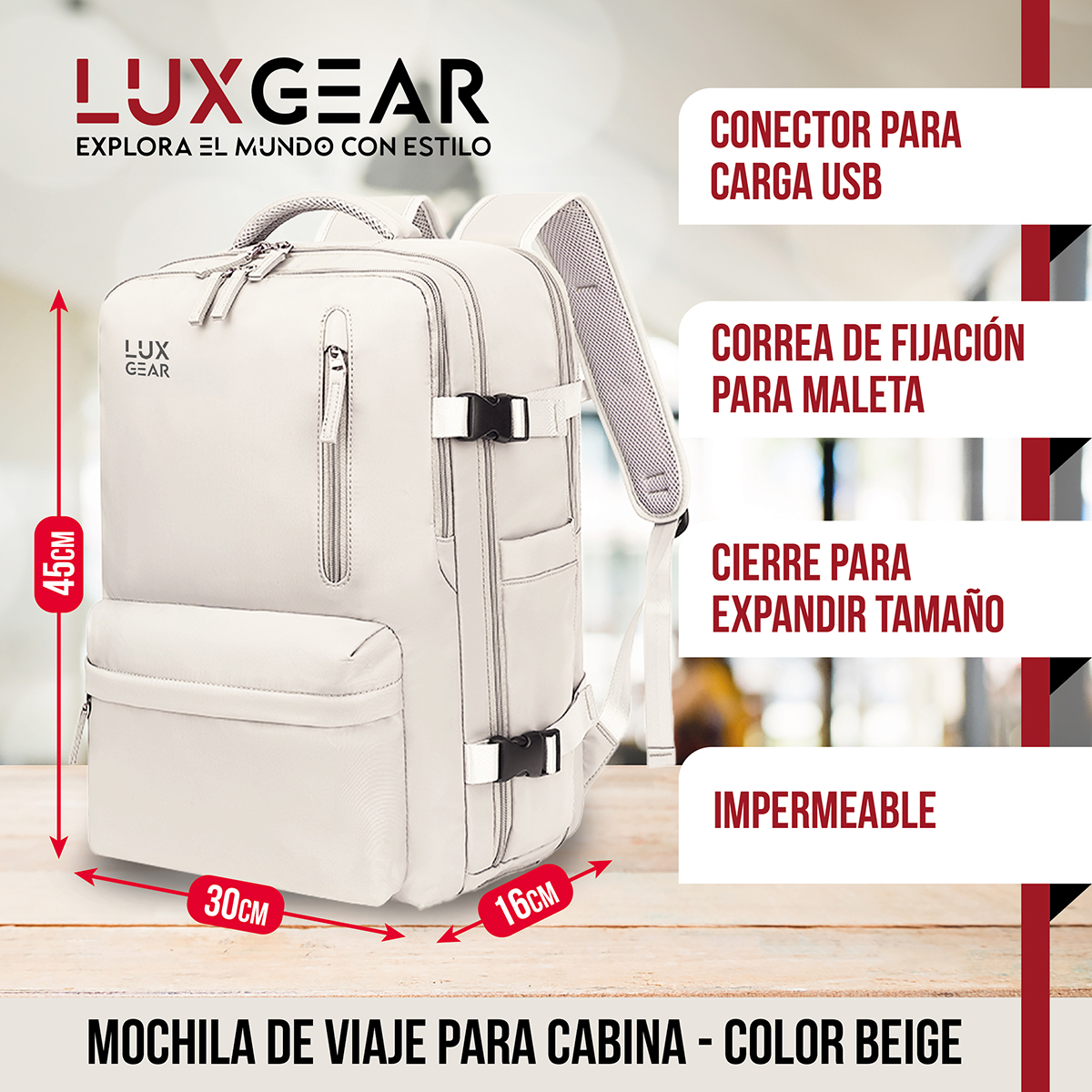 MOCHILA DE VIAJE EXPANSIBLE LUXGEAR NOMADLIFEV2 IMPERMEABLE - BEIGE - 2