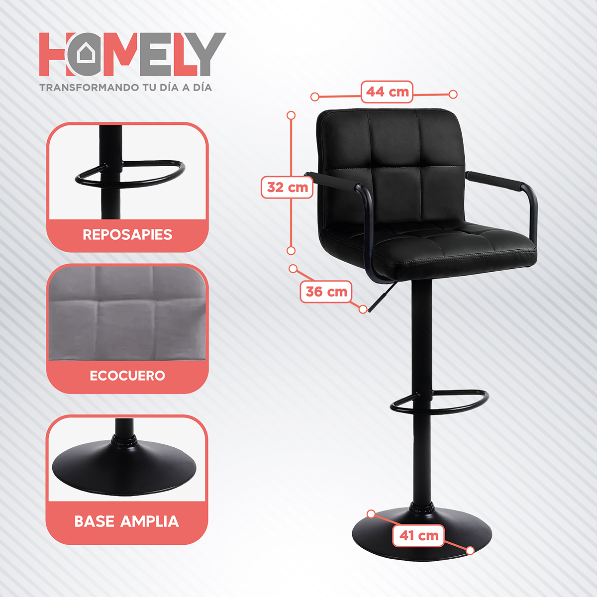 PACK 2 SILLAS BAR HOMELY NEGRO PISO TABURETE COMFORT 61-81CM - 3