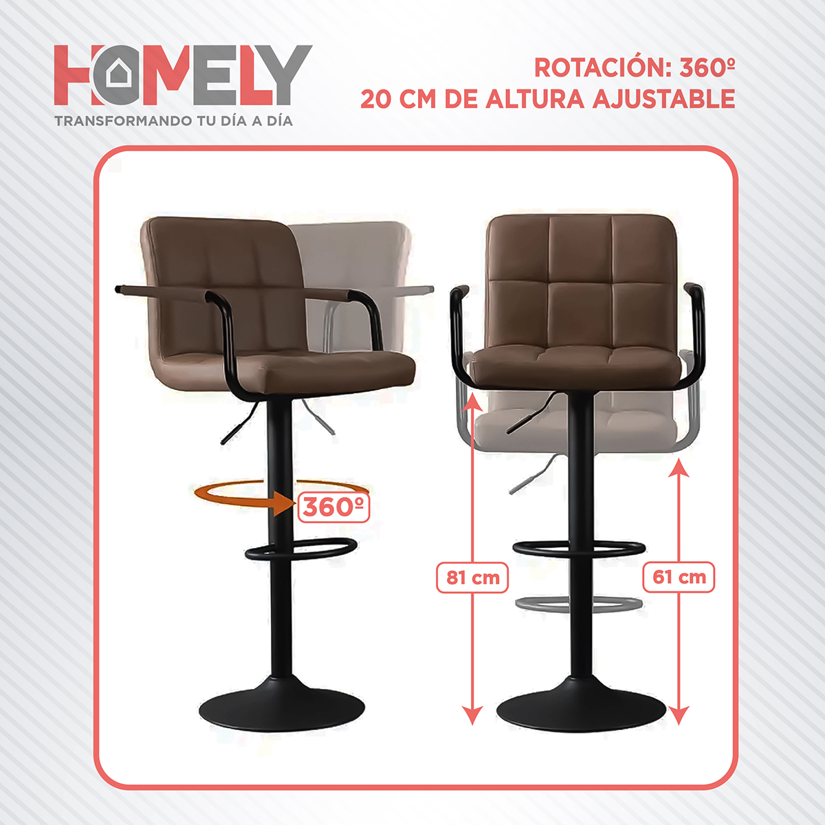 PACK 2 SILLAS BAR HOMELY NEGRO PISO TABURETE COMFORT 61-81CM - 4
