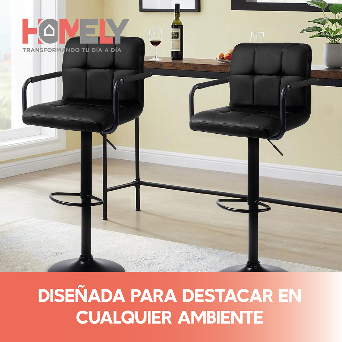 PACK 2 SILLAS BAR HOMELY NEGRO PISO TABURETE COMFORT 61-81CM - 9