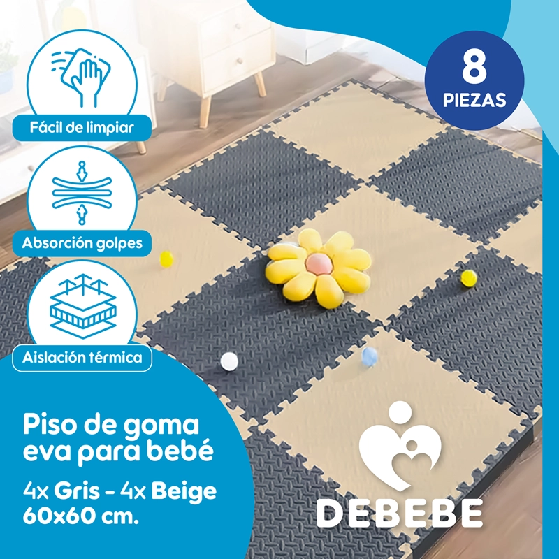 PISO BABYNEST GOMA EVA BEBÉ ALFOMBRA 10MM 60X60 CM SET X8 GYB GRIS - 2