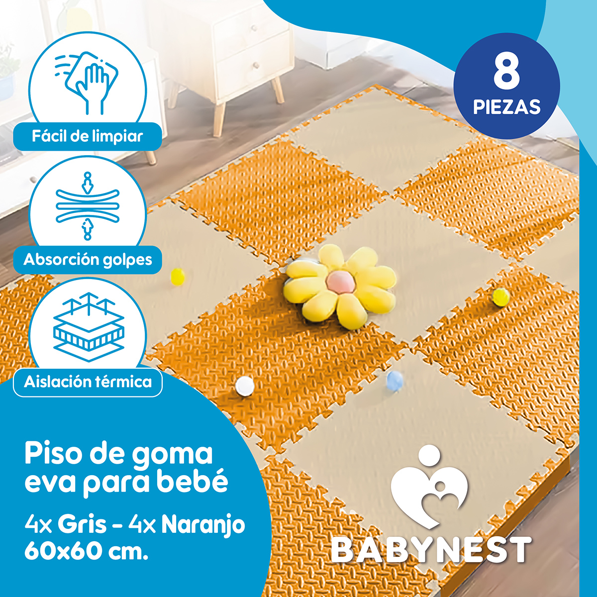 PISO DE GOMA EVA BEBE ALFOMBRA BABYNEST 10MM 60X60CM SET X8 NYB - 2