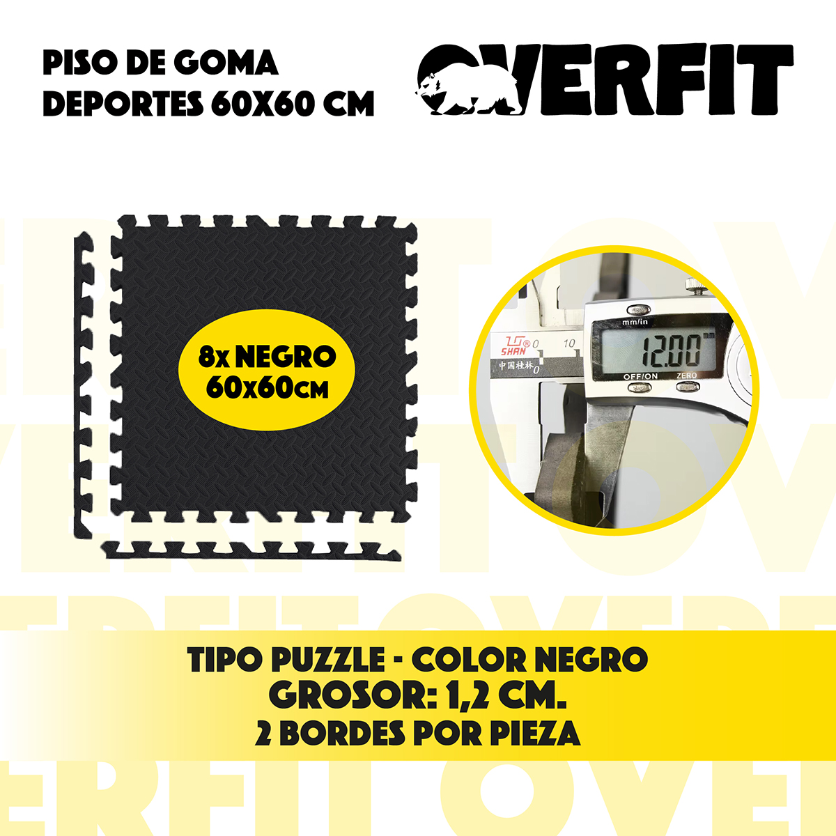 PISO OVERFIT GOMA EVA ALFOMBRA DEPORTIVA GIMANSIO 12MM 60X60 CM X8UN NEGRO - 3