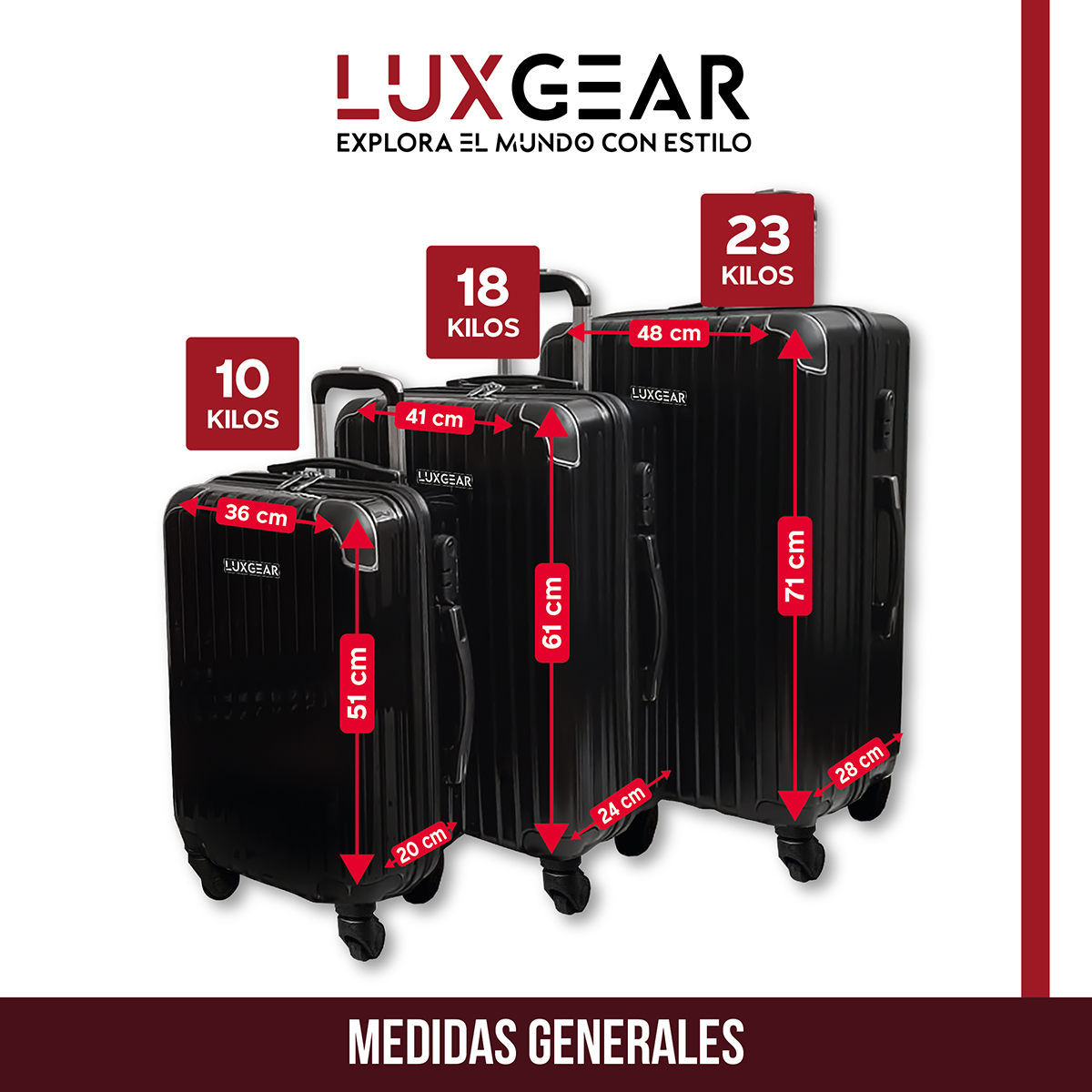 MALETAS 10 15 23KG LUXGEAR SET X3 MALETAS VIAJE ANTIGOLPES - 2