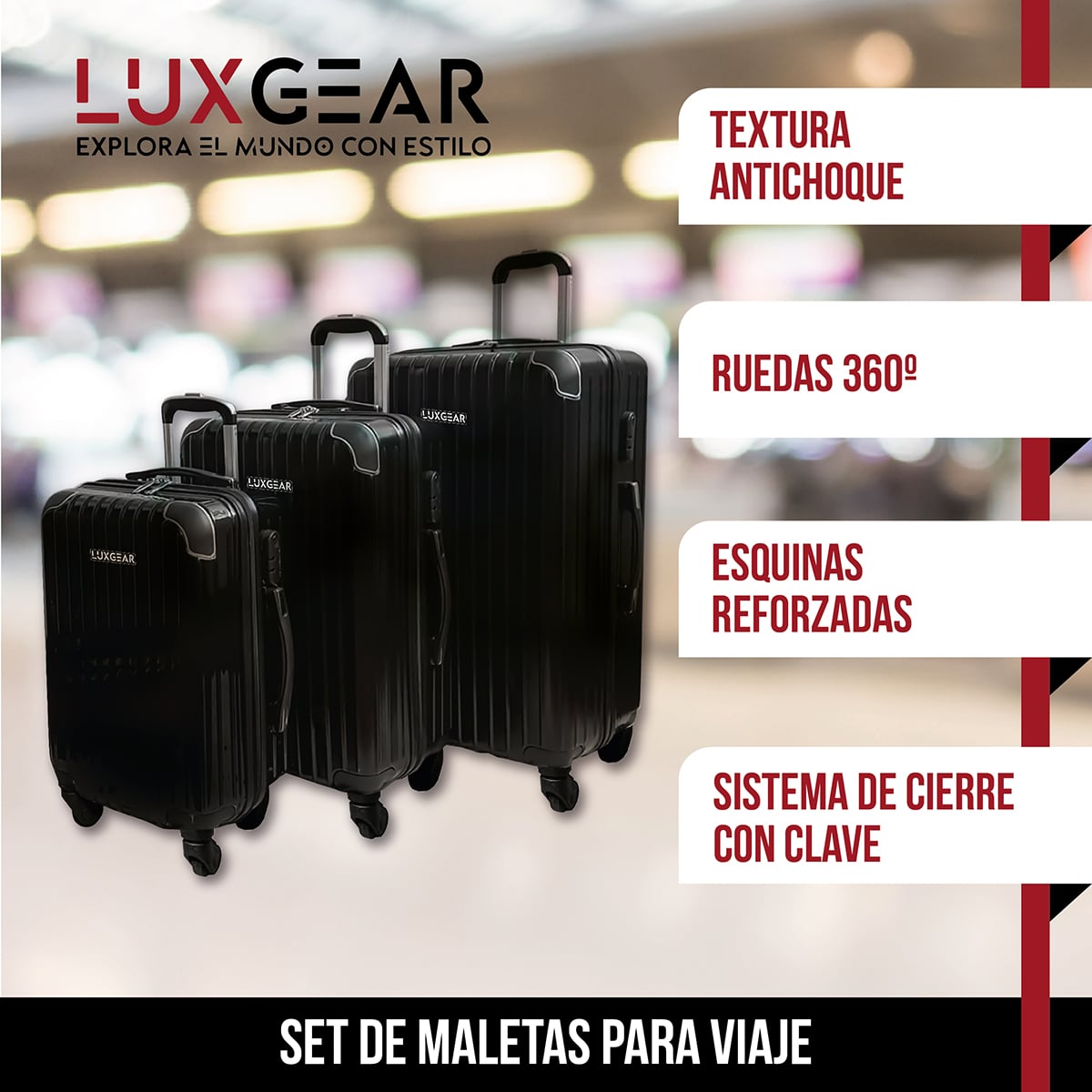 MALETAS 10 15 23KG LUXGEAR SET X3 MALETAS VIAJE ANTIGOLPES - 6