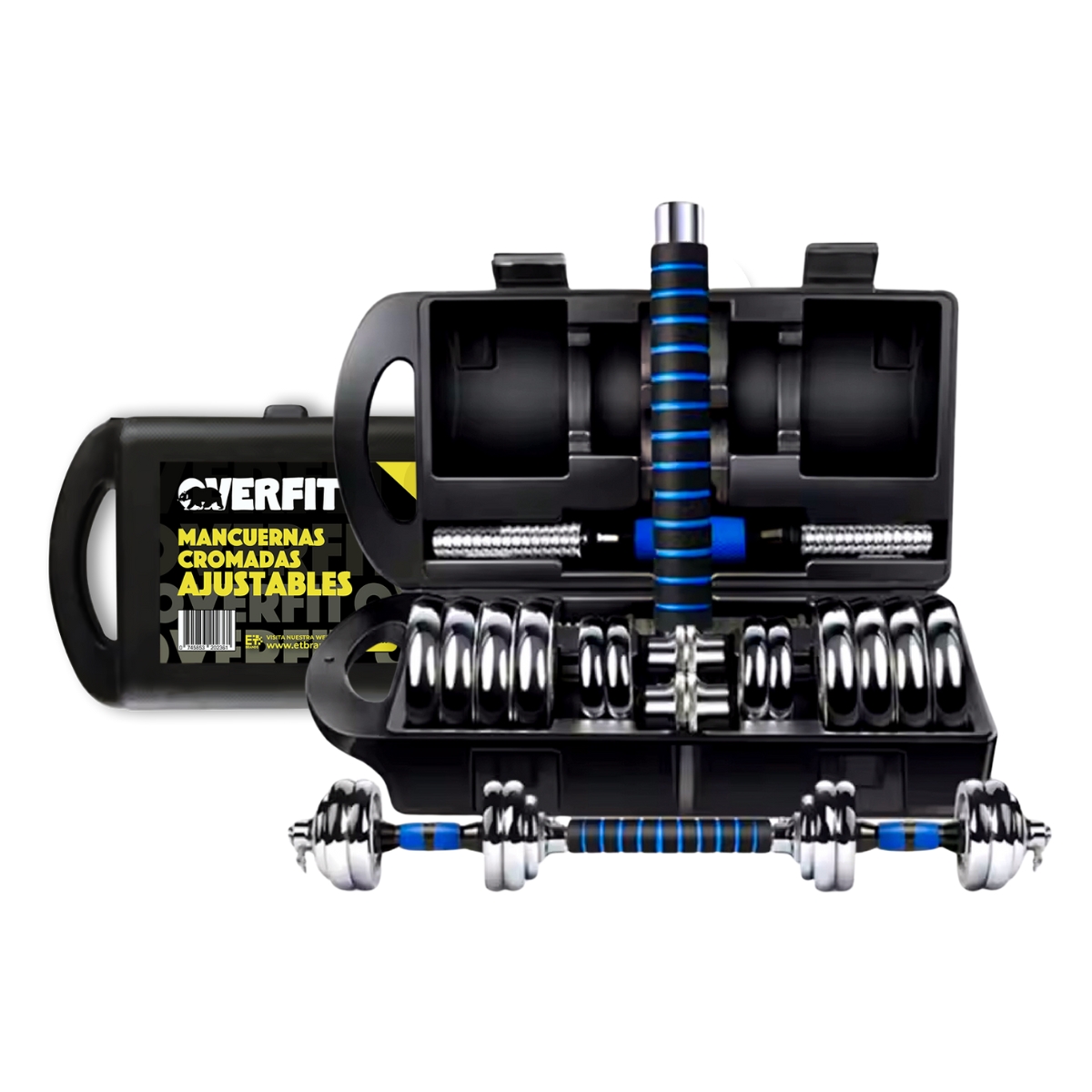 MANCUERNAS CROMADAS 20KG AJUSTABLES + BARRA UNIBLES OVERFIT - 1