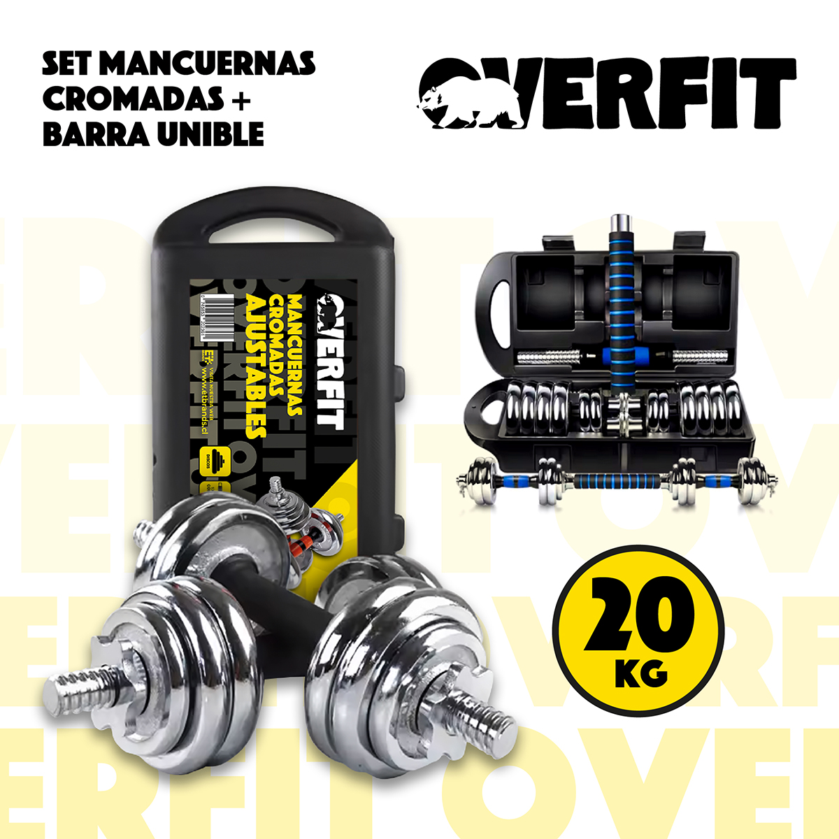 MANCUERNAS CROMADAS 20KG AJUSTABLES + BARRA UNIBLES OVERFIT - 2