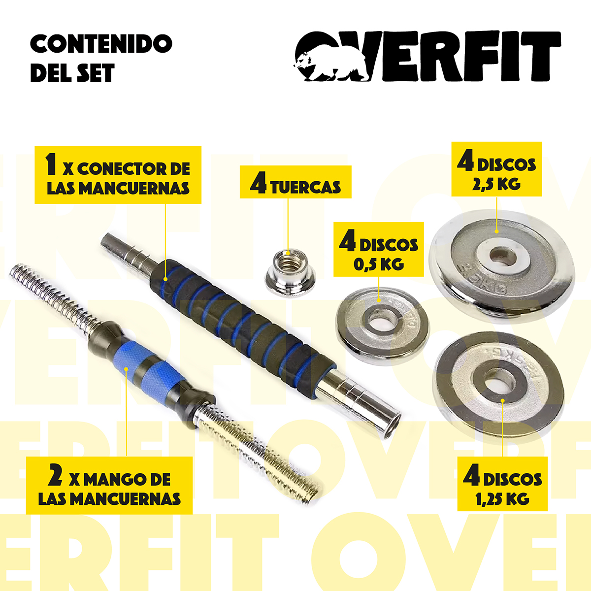 MANCUERNAS CROMADAS 20KG AJUSTABLES + BARRA UNIBLES OVERFIT - 3