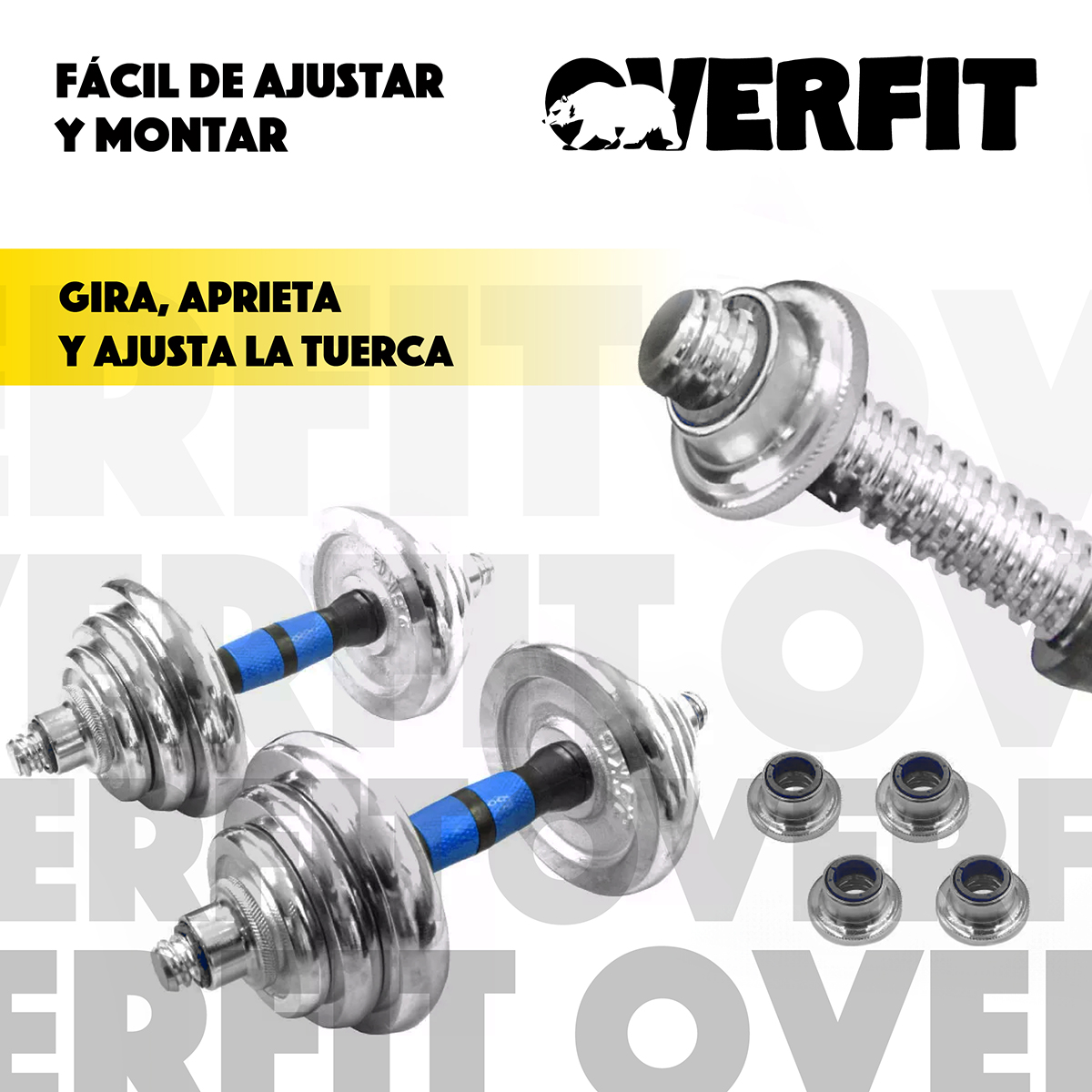 MANCUERNAS CROMADAS 20KG AJUSTABLES + BARRA UNIBLES OVERFIT - 6