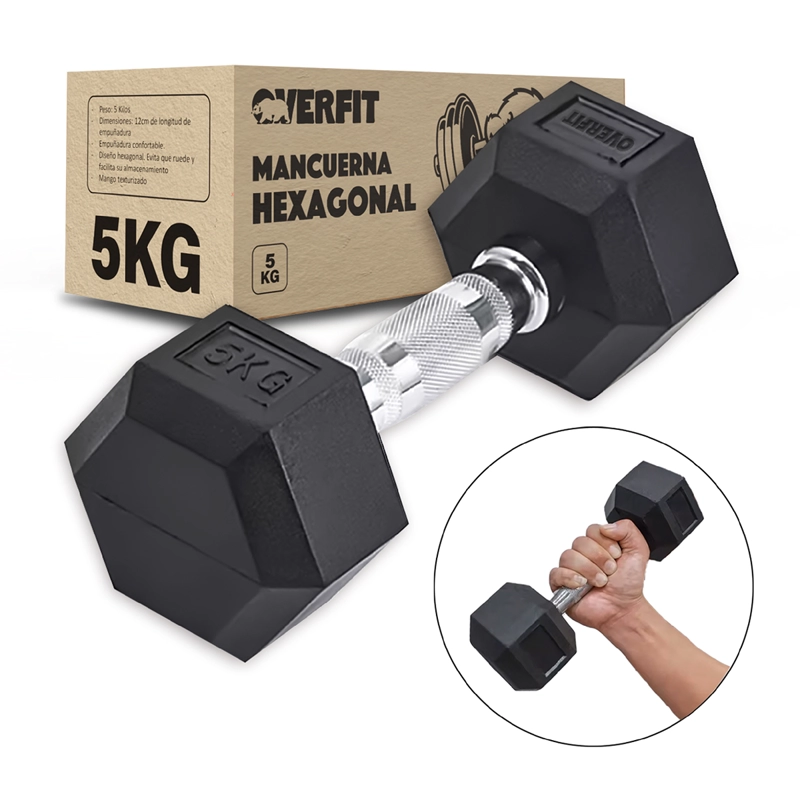 MANCUERNA OVERFIT CAUCHO 5KG HEXAGONAL ACERO Y - 1