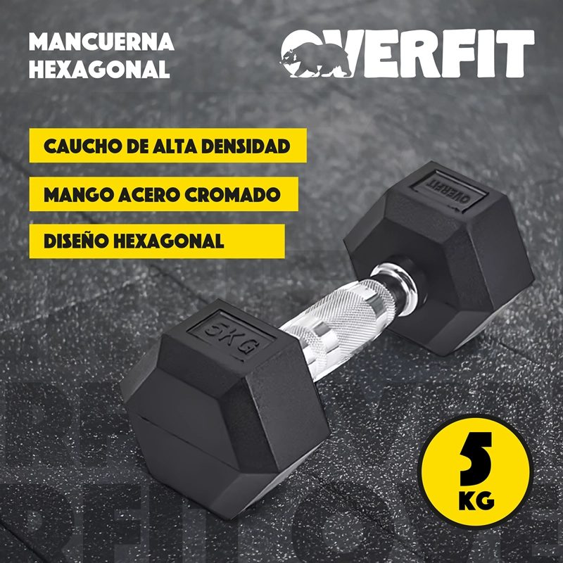 MANCUERNA OVERFIT CAUCHO 5KG HEXAGONAL ACERO Y - 3
