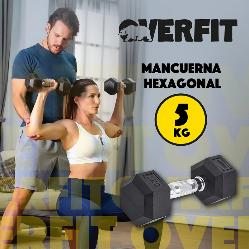 MANCUERNA OVERFIT CAUCHO 5KG HEXAGONAL ACERO Y - 8