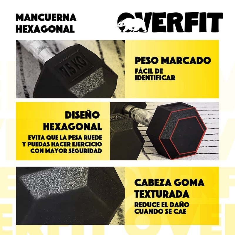 MANCUERNA HEXAGONAL 7.5KG ACERO Y CAUCHO OVERFIT - 4