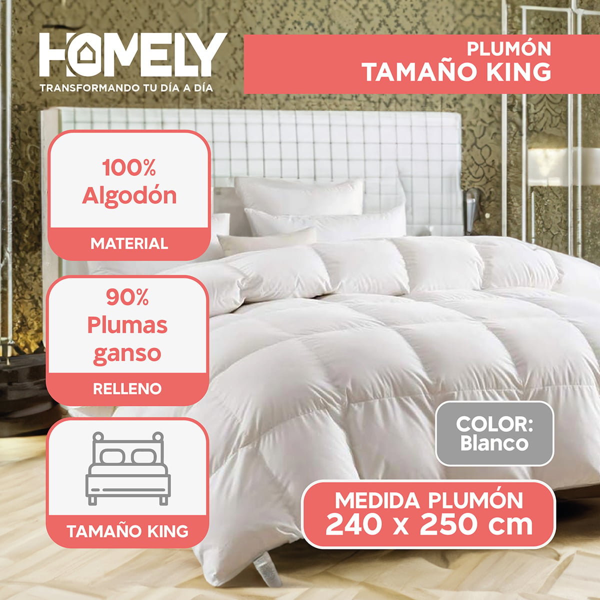 CUBRECAMA HOMELY KING BLANCO COBERTOR PLUMA PECHO GANSO LUXURY - 2