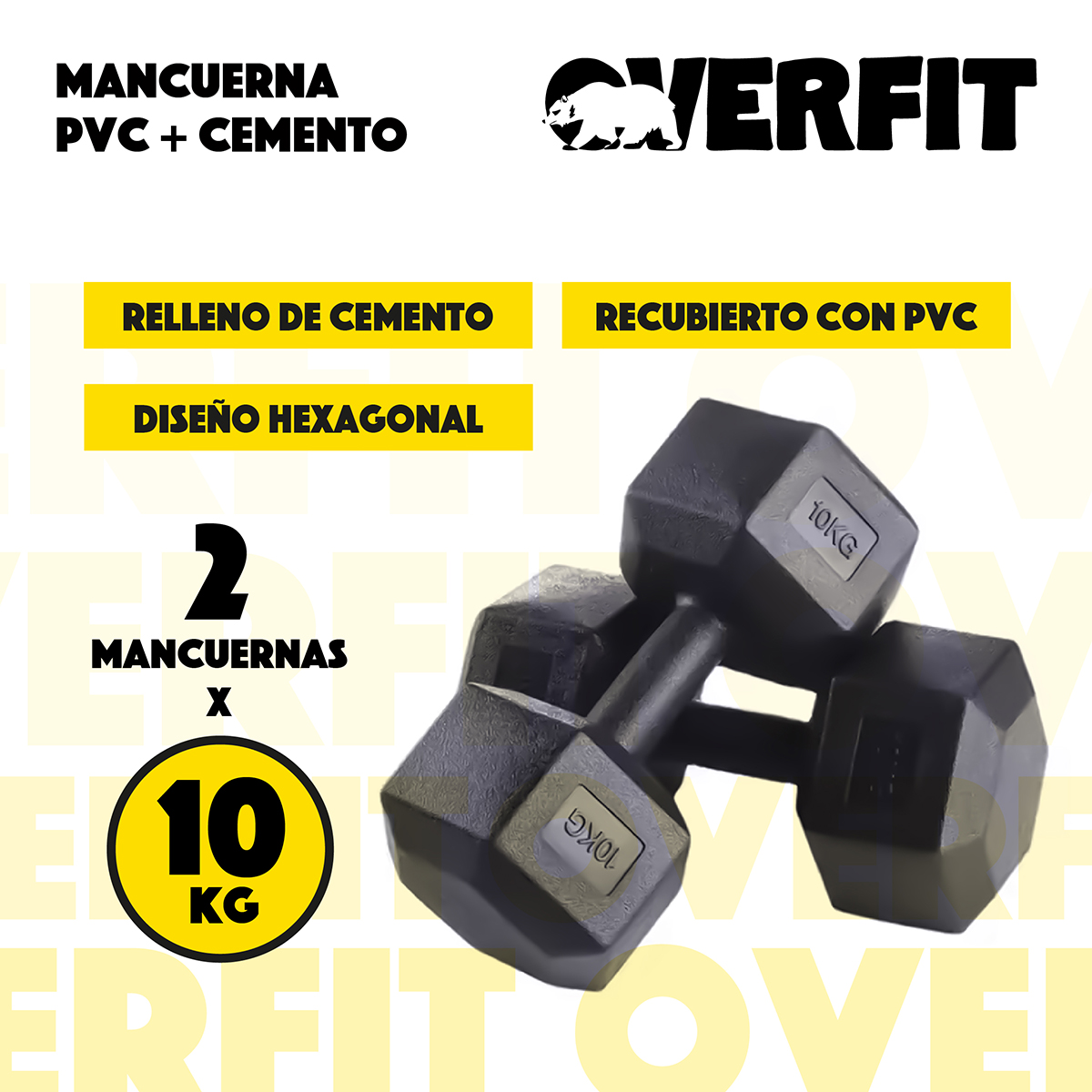 MANCUERNA HEXAGONAL 10KG PAR SET X2 PESAS PVC 20KG OVERFIT - 2