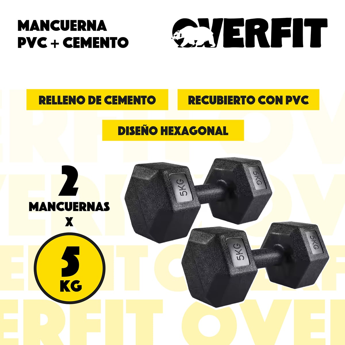 MANCUERNA HEXAGONAL 5KG PAR SET X2 PESAS PVC 10KG OVERFIT - 2