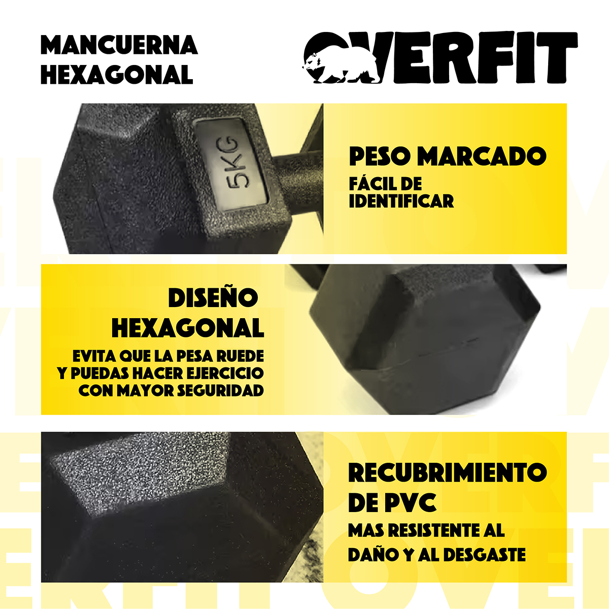 MANCUERNA HEXAGONAL 5KG PAR SET X2 PESAS PVC 10KG OVERFIT - 5