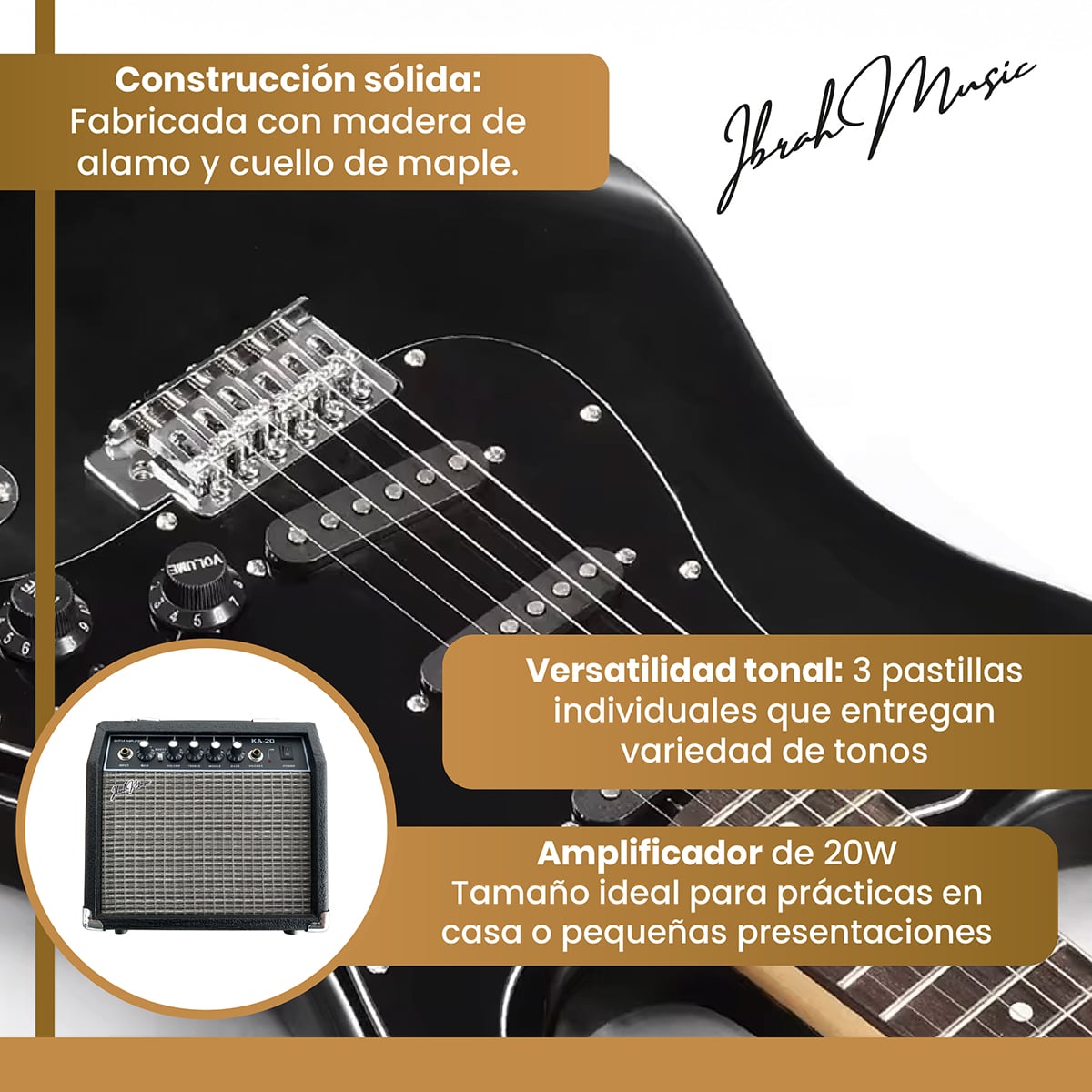 GUITARRA ELE CTRICA STRATO IBRAH + AMPLIF + ACCESORIOS NEGRA - 3