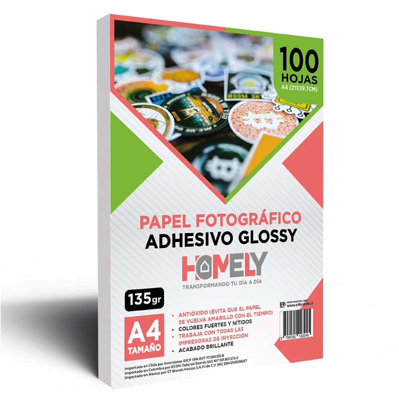 PAPEL FOTOGRAFICO GLOSSY ADHESIVO A4 135 GRS HOMELY 100 HOJA - 1