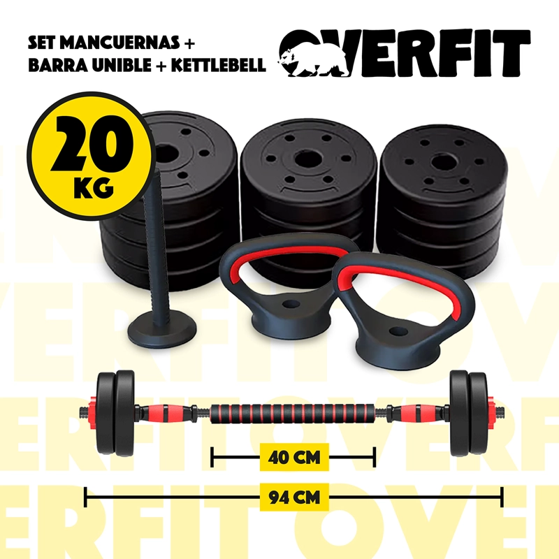 SET MANCUERNAS + BARRA + KETTLEBELL UNIBLES OVERFIT 20KG - 2