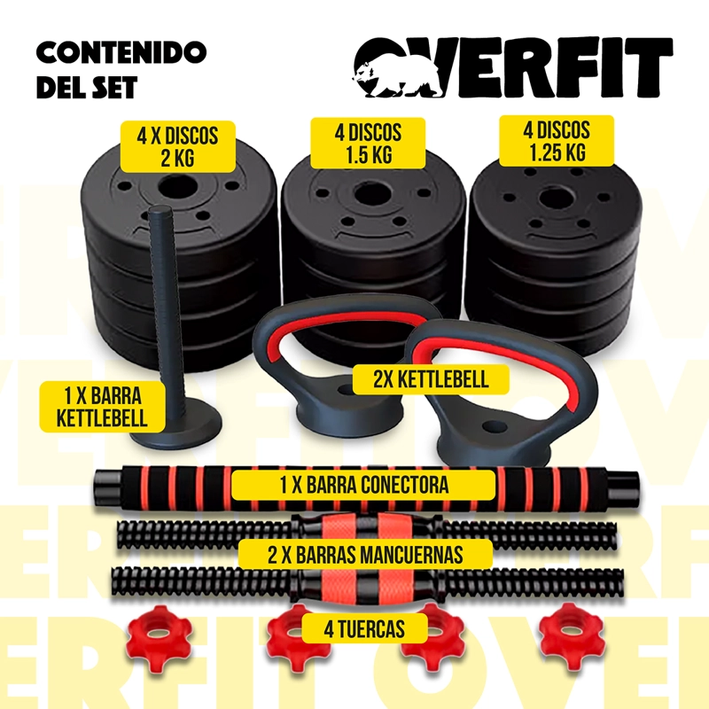 SET MANCUERNAS + BARRA + KETTLEBELL UNIBLES OVERFIT 20KG - 3