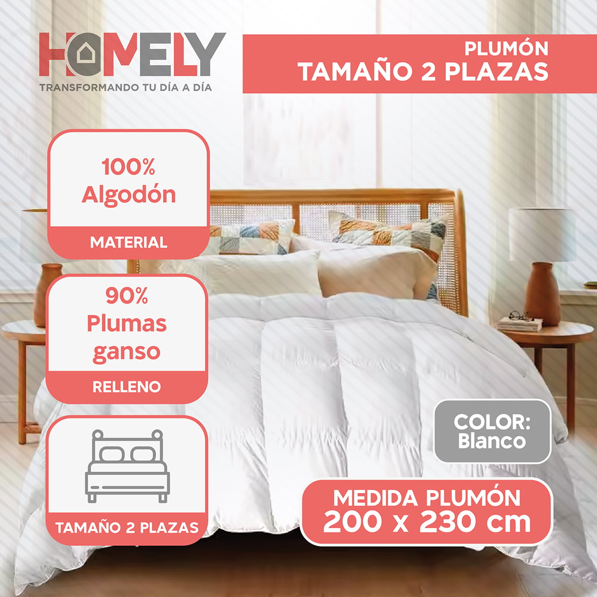 CUBRECAMA HOMELY 2 PLAZAS BLANCO COBERTOR PLUMA PECHO GANSO LUX - 2