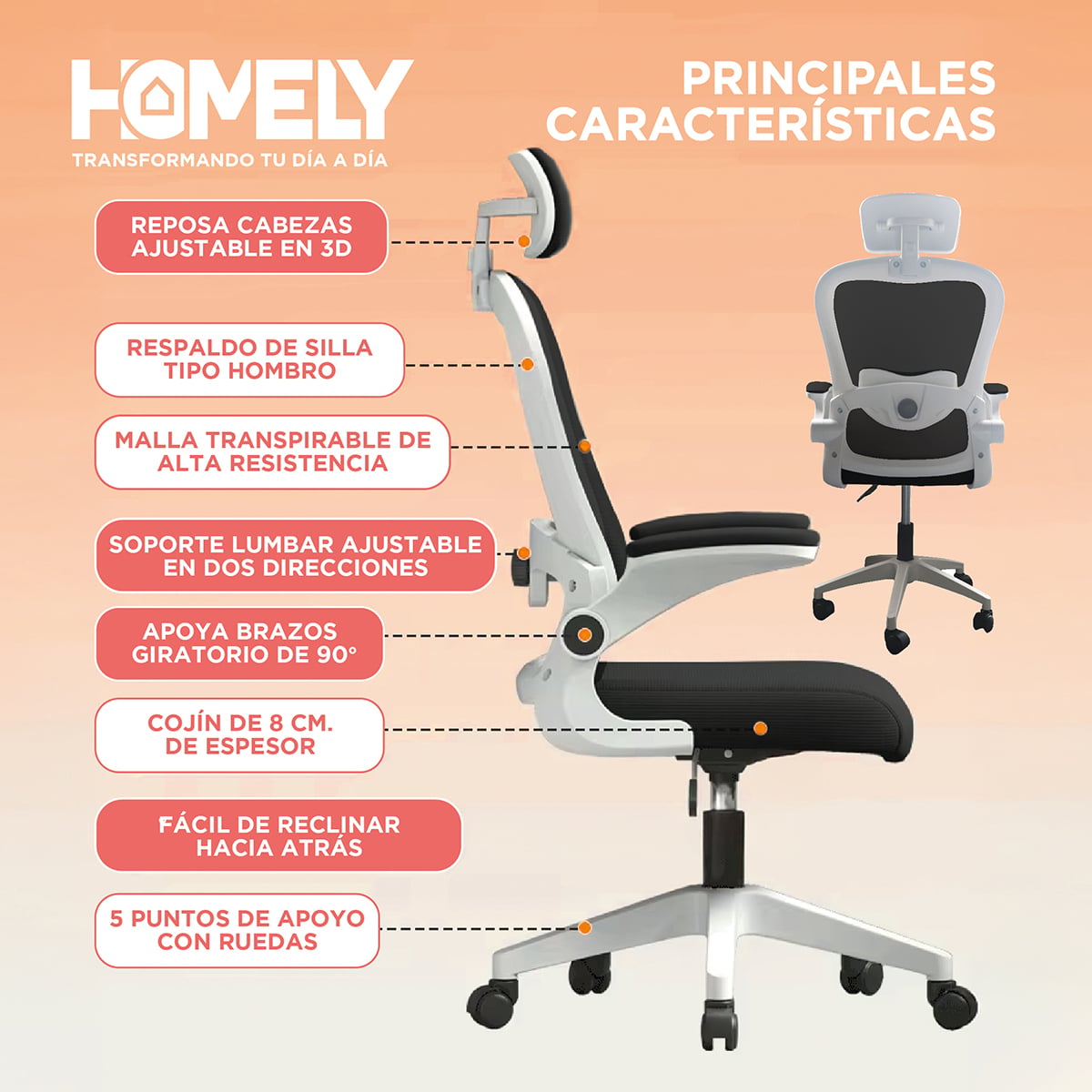 SILLA OFICINA HOMELY ERGONÓMICA NEGRO ESCRITORIO EJECUTIVA GERENCIAL - 6