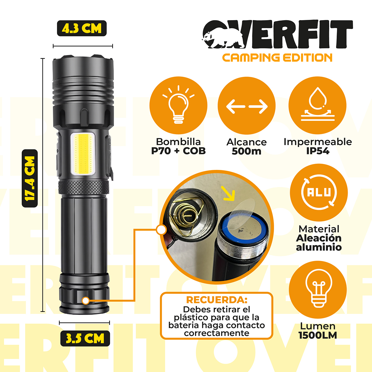 LINTERNA LED LARGO ALCANCE TACTICA RECARGABLE OVERFIT 1500LM - 2