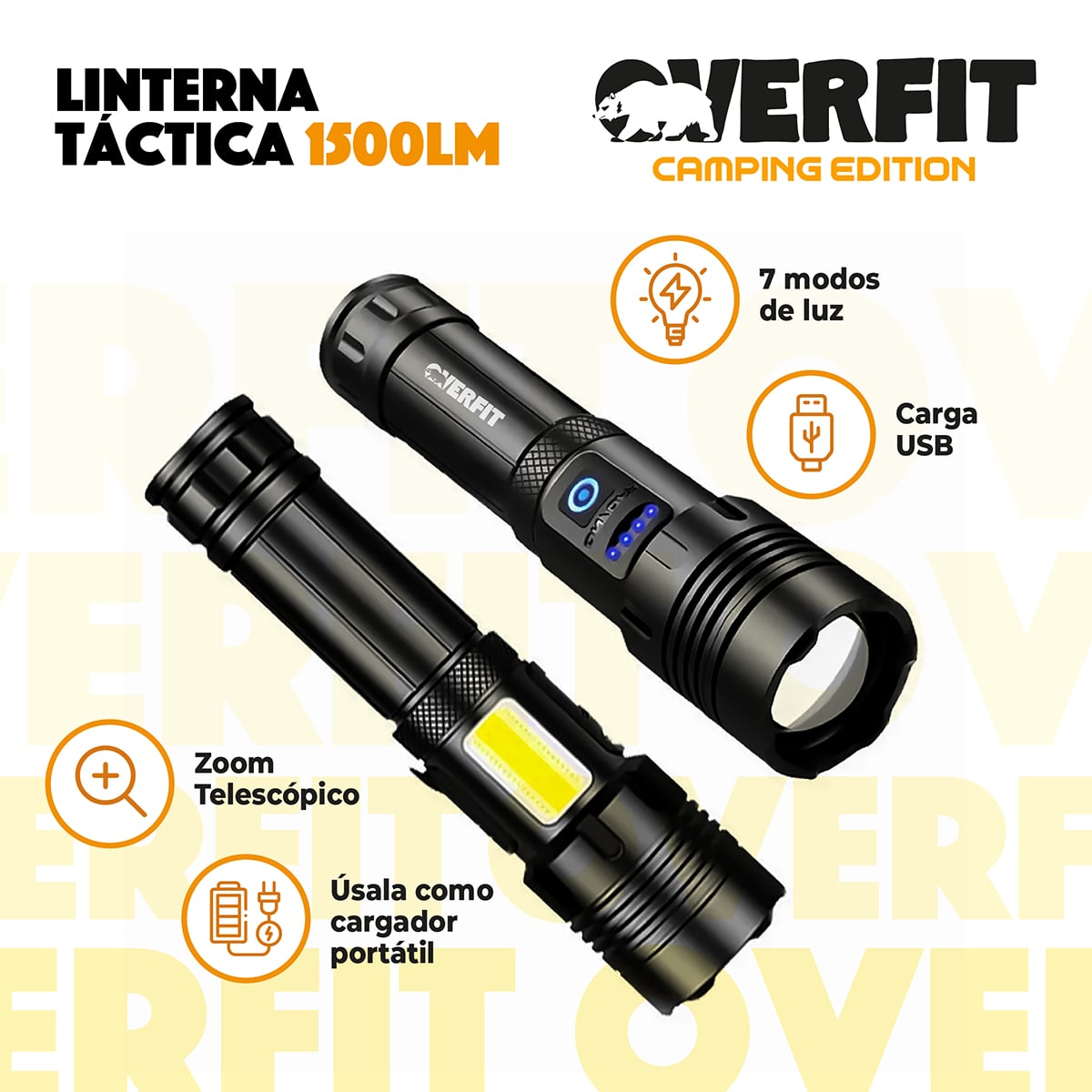 LINTERNA LED LARGO ALCANCE TACTICA RECARGABLE OVERFIT 1500LM - 3