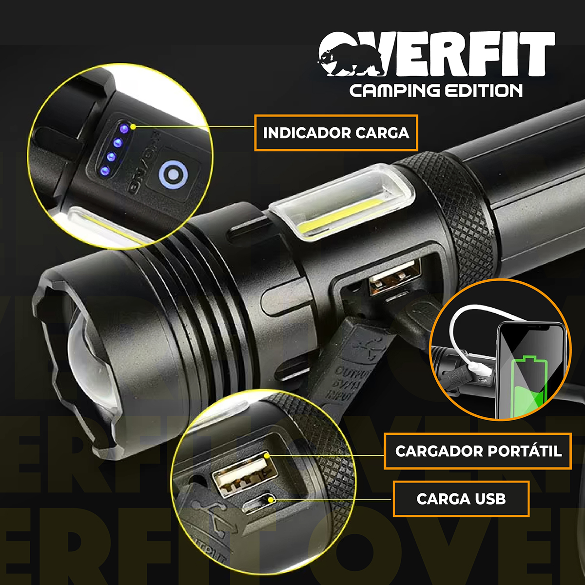 LINTERNA LED LARGO ALCANCE TACTICA RECARGABLE OVERFIT 1500LM - 6