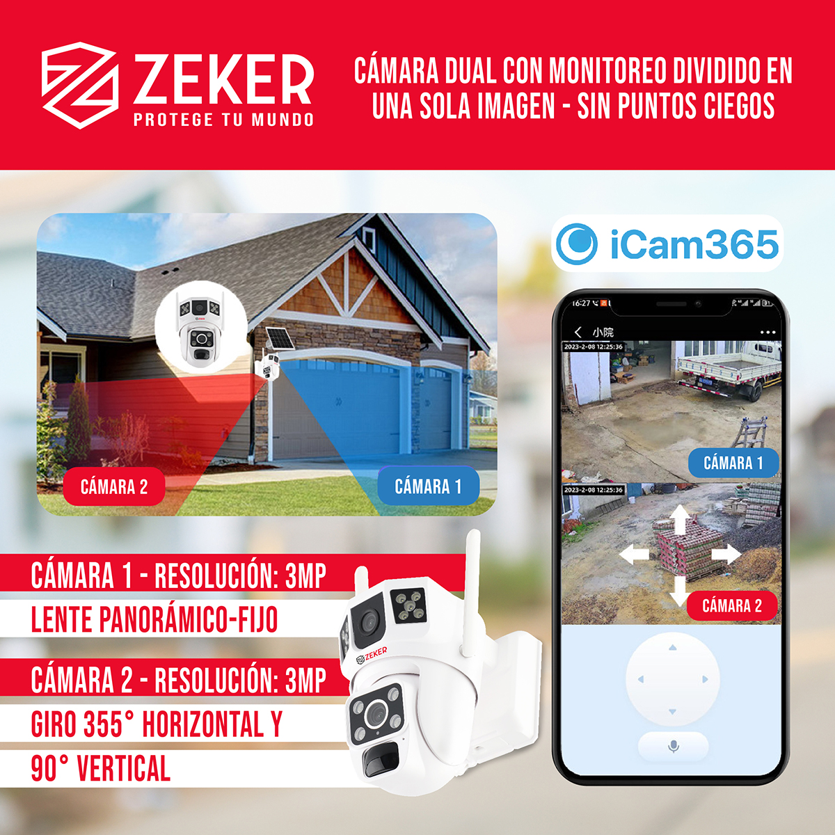 CÁMARA SEGURIDAD SOLAR ZEKER VIGILANCIA EXTERIOR DOBLE - 3