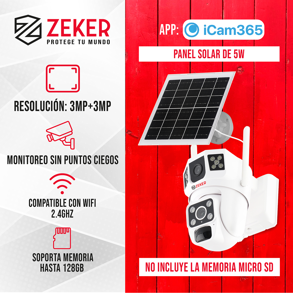 CÁMARA SEGURIDAD SOLAR ZEKER VIGILANCIA DOBLE 3MP PACK X3 - 2