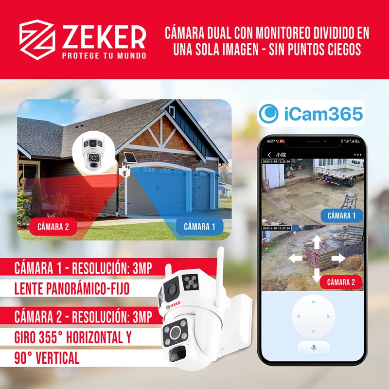 CÁMARA SEGURIDAD SOLAR ZEKER VIGILANCIA DOBLE 3MP PACK X2 - 3