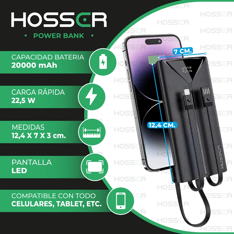 POWER BANK 20000MAH HOSSER CARGADOR PORTATIL CELULAR EXTERNO - 2