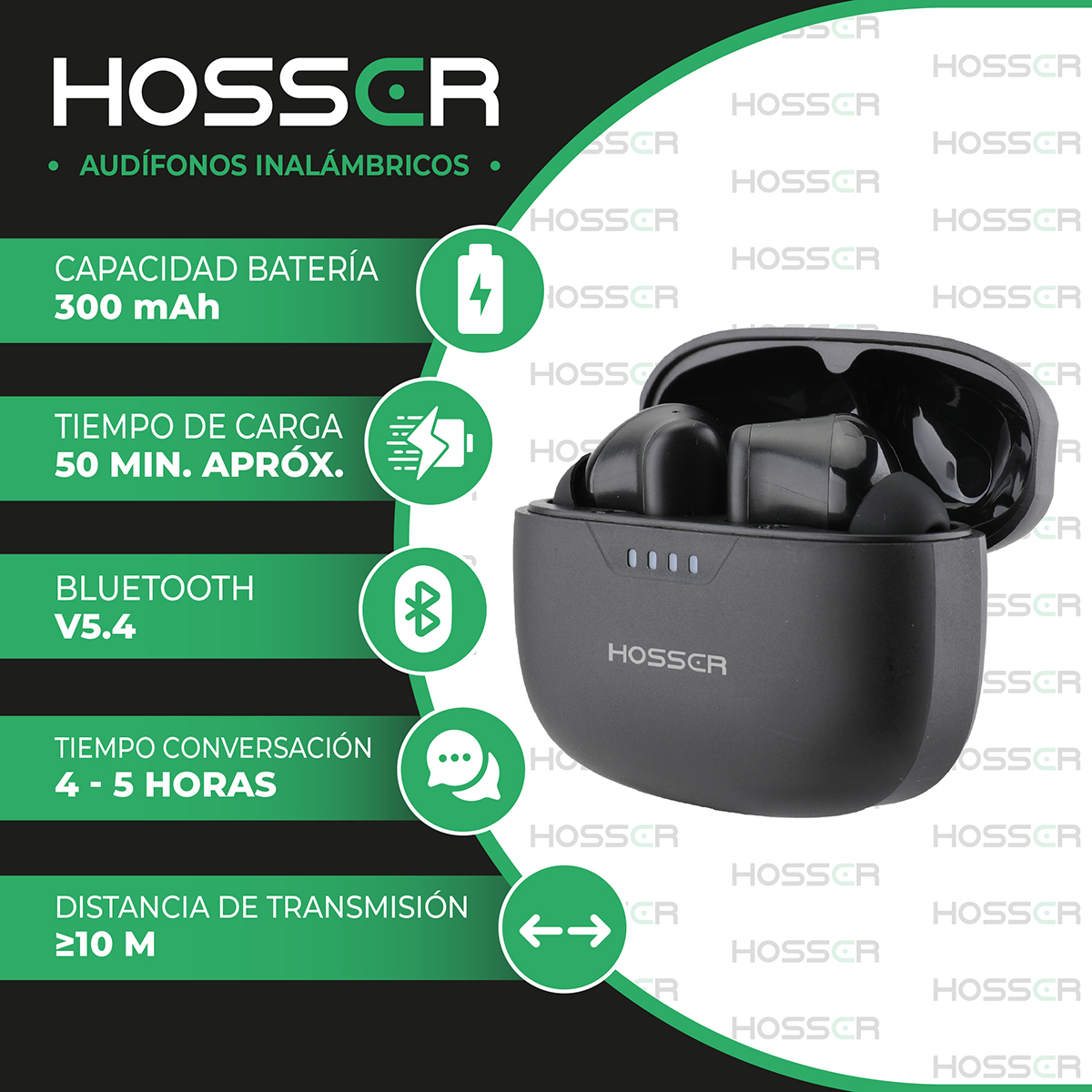 AUDIFONOS BLUETOOTH IN EAR HOSSER 35MAH CANCELACION DE RUIDO - 2