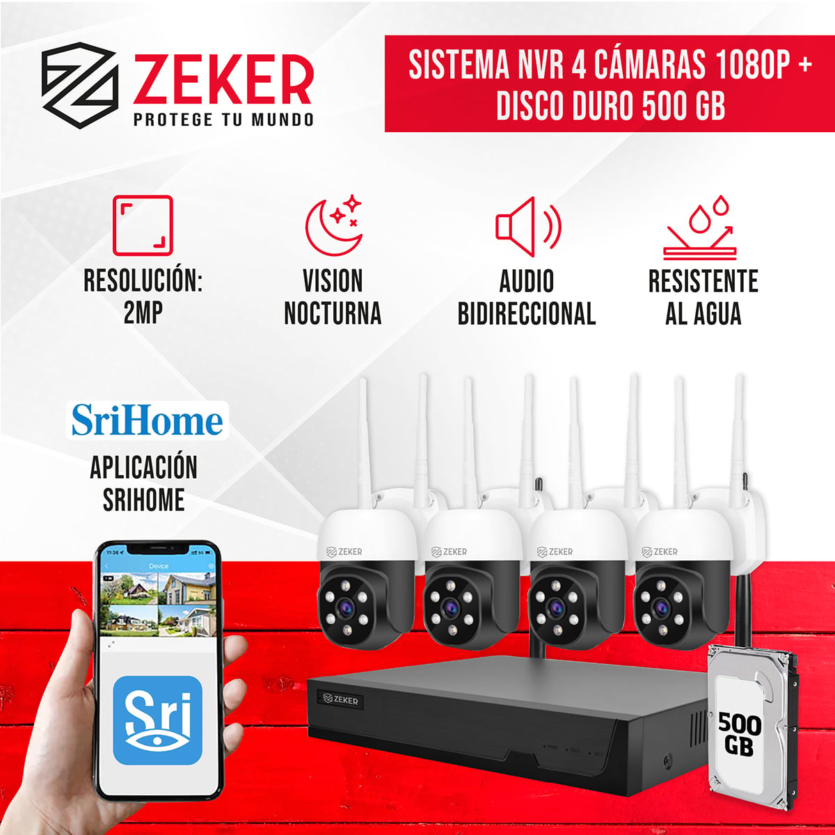 KIT NVR CAMARAS ZEKER SEGURIDAD FHD 1080P + DISCO DURO 500GB - 2
