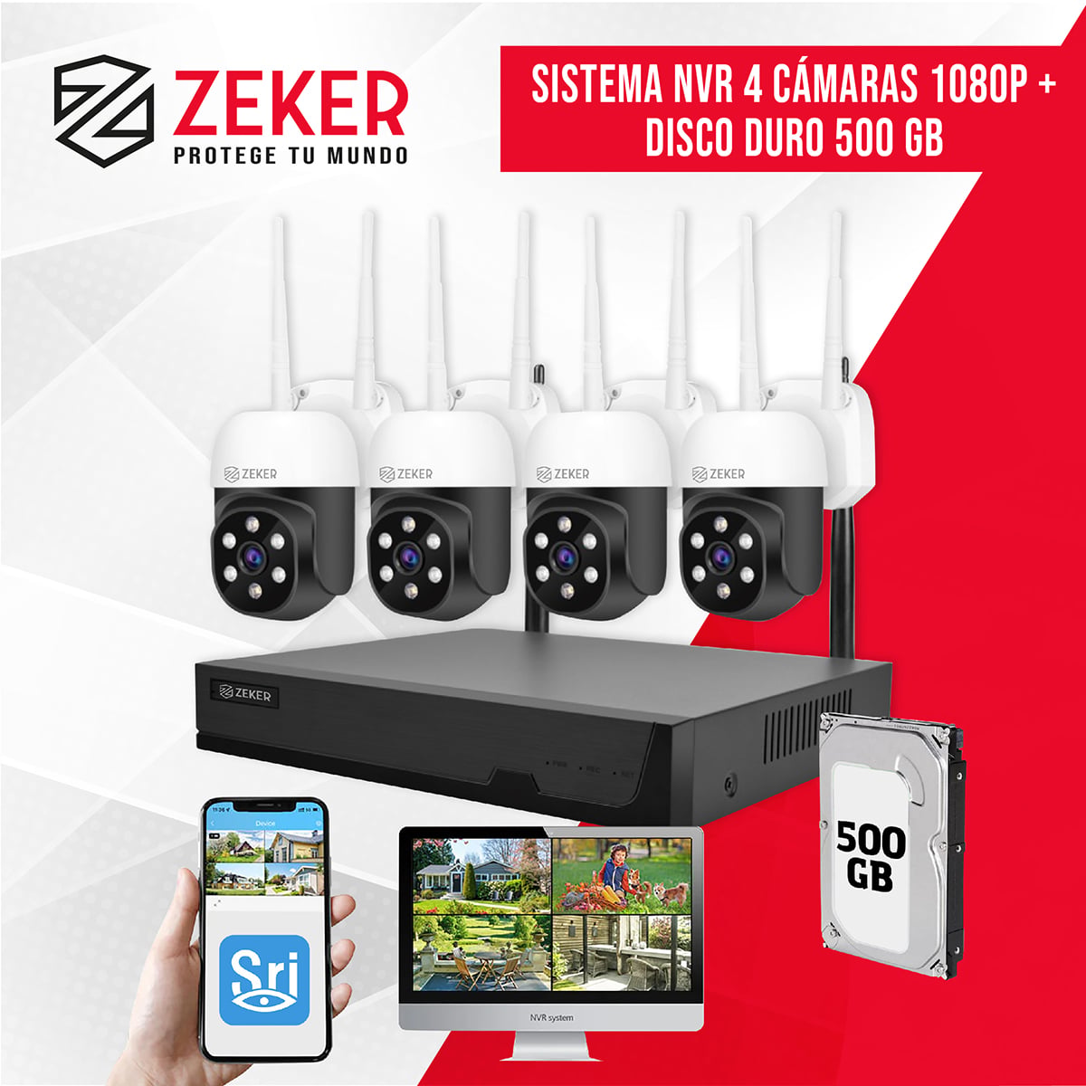 KIT NVR CAMARAS ZEKER SEGURIDAD FHD 1080P + DISCO DURO 500GB - 8