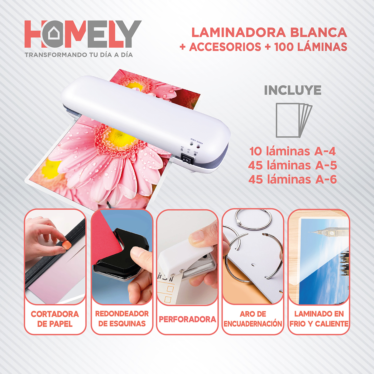 TERMOLAMINADORA PLASTIFICADORA HOMELY + ACCESORIOS + LAMINAS - 3