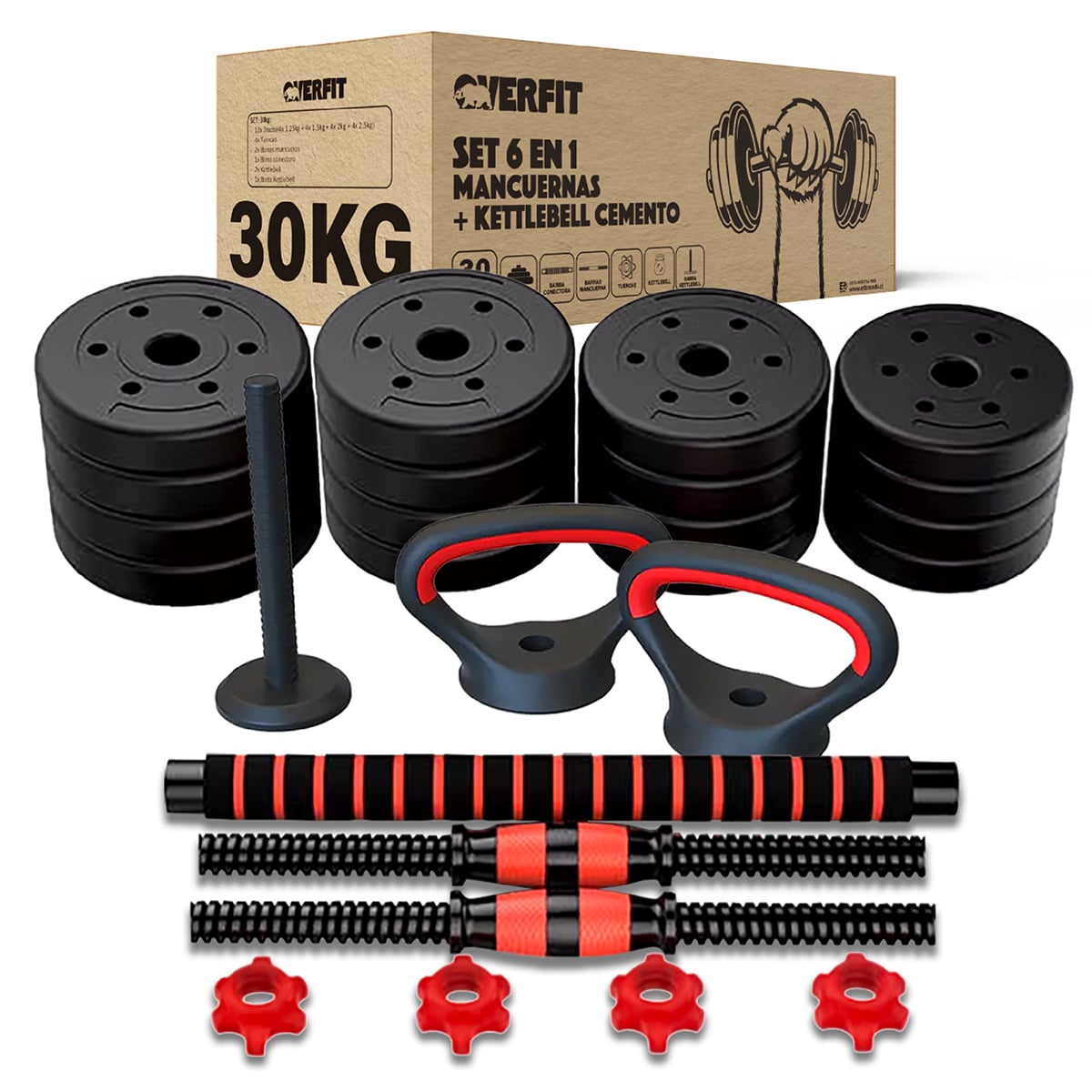 SET MANCUERNAS + BARRA + KETTLEBELL UNIBLES OVERFIT 30KG - 1