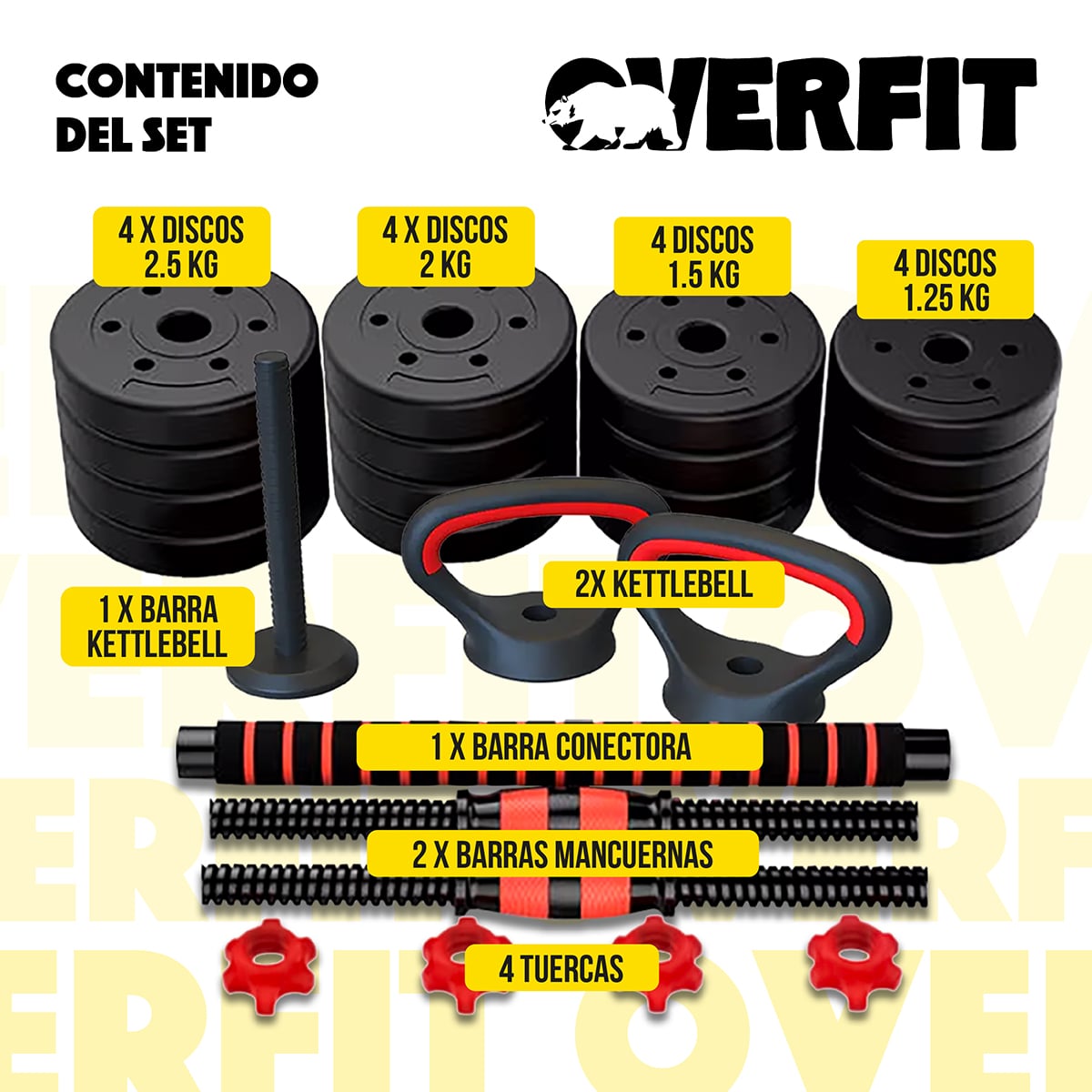 SET MANCUERNAS + BARRA + KETTLEBELL UNIBLES OVERFIT 30KG - 3