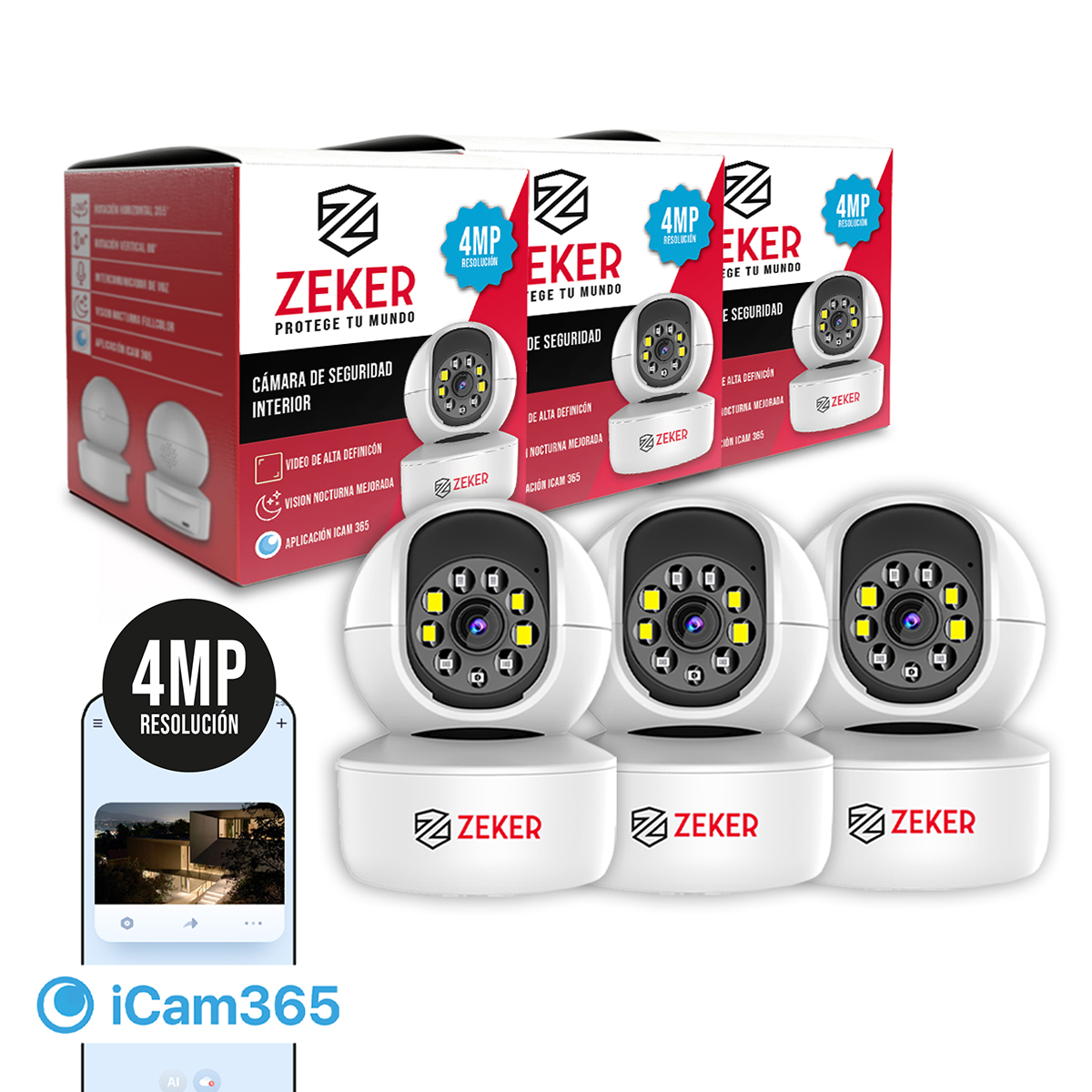 PACK X3 CAMARA DE SEGURIDAD INTERIOR WIFI IP ZEKER 4MP 5G - 1