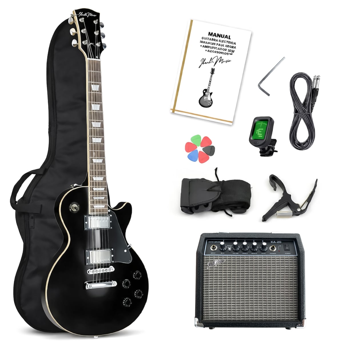 GUITARRA ELECTRICA LP IBRAH + AMPLIF + ACCESORIOS ALL BLACK - 1