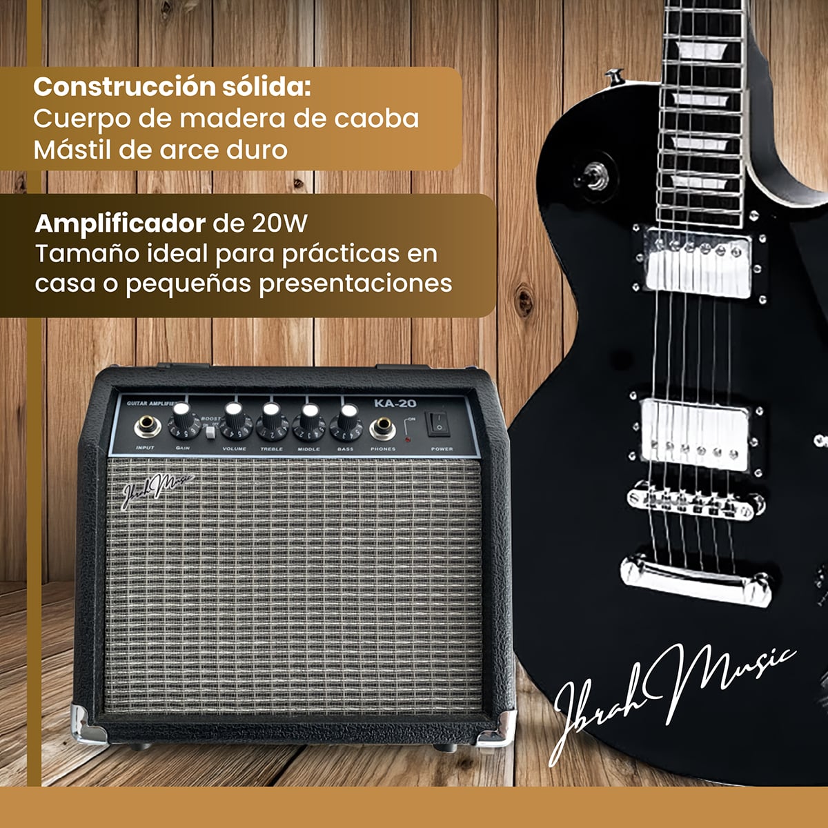 GUITARRA ELECTRICA LP IBRAH + AMPLIF + ACCESORIOS ALL BLACK - 3